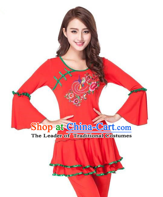 Traditional Chinese Classical Dance Yangge Fan Dance Red Embroidery Costume, Folk Dance Drum Dance Clothing Yangko Uniform for Women