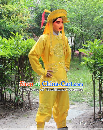 Traditional China Beijing Opera Costume Swordsman Takefu Embroidered Yellow Uniform and Headwear, Ancient Chinese Peking Opera Embroidery Warrior Clothing