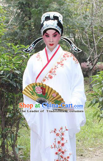 Traditional China Beijing Opera Niche Costume Scholar Embroidered Robe and Headwear, Ancient Chinese Peking Opera Embroidery White Xiucai Gwanbok Clothing