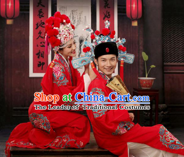 Traditional China Beijing Opera Costume Groom and Bride Embroidered Robe and Headwear, Ancient Chinese Peking Opera Embroidery Clothing