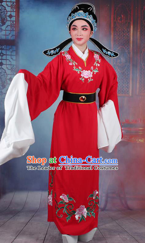 Traditional China Beijing Opera Niche Costume Lang Scholar Embroidered Red Robe and Headwear, Ancient Chinese Peking Opera Jia Baoyu Embroidery Clothing