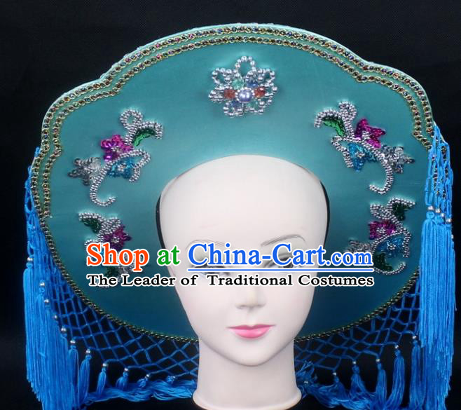 Traditional China Beijing Opera Hair Accessories Fisher-Woman Blue Veil Hat, Ancient Chinese Peking Opera Swordplay Helmet Headwear