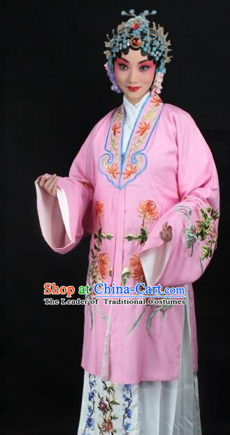 Traditional China Beijing Opera Young Lady Hua Tan Costume Pink Embroidered Cape, Ancient Chinese Peking Opera Female Diva Embroidery Chrysanthemum Dress Clothing