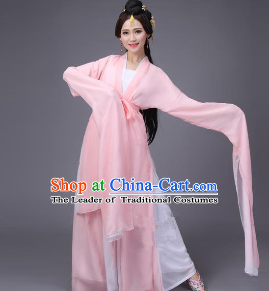 Traditional Ancient Chinese Princess Dance Costume, Elegant Hanfu Clothing Chinese Water Sleeve Dance Pink Dress Clothing for Women