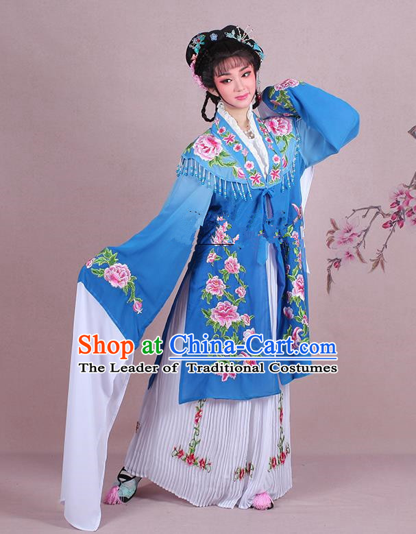 Traditional China Beijing Opera Young Lady Hua Tan Costume Embroidered Blue Shawl, Ancient Chinese Peking Opera Diva Embroidery Dress Clothing