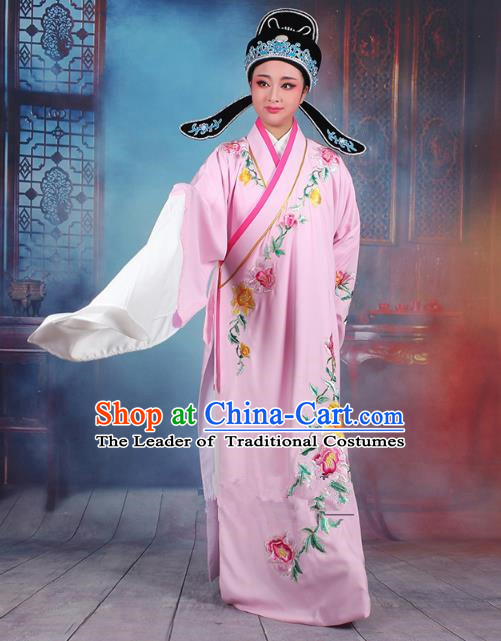 Traditional China Beijing Opera Niche Costume Gifted Scholar Pink Embroidered Robe and Hat, Ancient Chinese Peking Opera Young Men Embroidery Peony Clothing