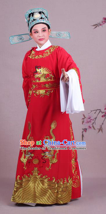 Traditional China Beijing Opera Niche Costume Lang Scholar Red Embroidered Robe and Hat, Ancient Chinese Peking Opera Emperor Son-in-law Embroidery Gwanbok Clothing