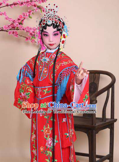 Traditional China Beijing Opera Costume Red Embroidered Dress and Headwear, Ancient Chinese Peking Opera Diva Hua Tan Embroidery Clothing for Kids