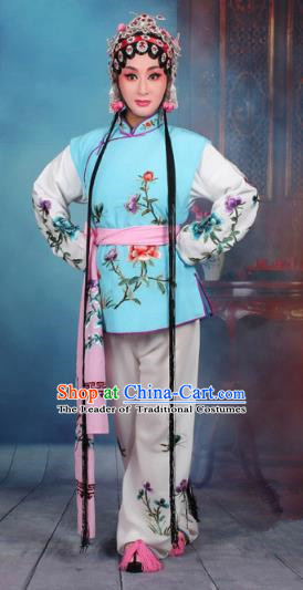 Top Grade Professional Beijing Opera Young Lady Costume Mui Tsai Light Blue Embroidered Vest Clothing, Traditional Ancient Chinese Peking Opera Maidservants Embroidery Clothing