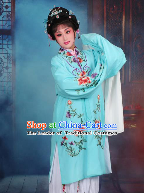 Top Grade Professional Beijing Opera Palace Lady Costume Hua Tan Light Blue Embroidered Cape Dress, Traditional Ancient Chinese Peking Opera Diva Embroidery Clothing