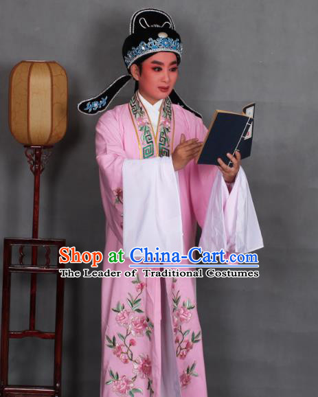 Top Grade Professional Beijing Opera Niche Costume Scholar Pink Embroidered Robe and Shoes, Traditional Ancient Chinese Peking Opera Young Men Embroidery Peony Cape Clothing