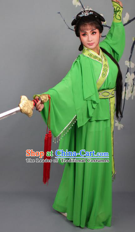 Top Grade Professional Beijing Opera Young Lady Costume Swordswoman Green Embroidered Dress, Traditional Ancient Chinese Peking Opera Maidservants Embroidery Clothing