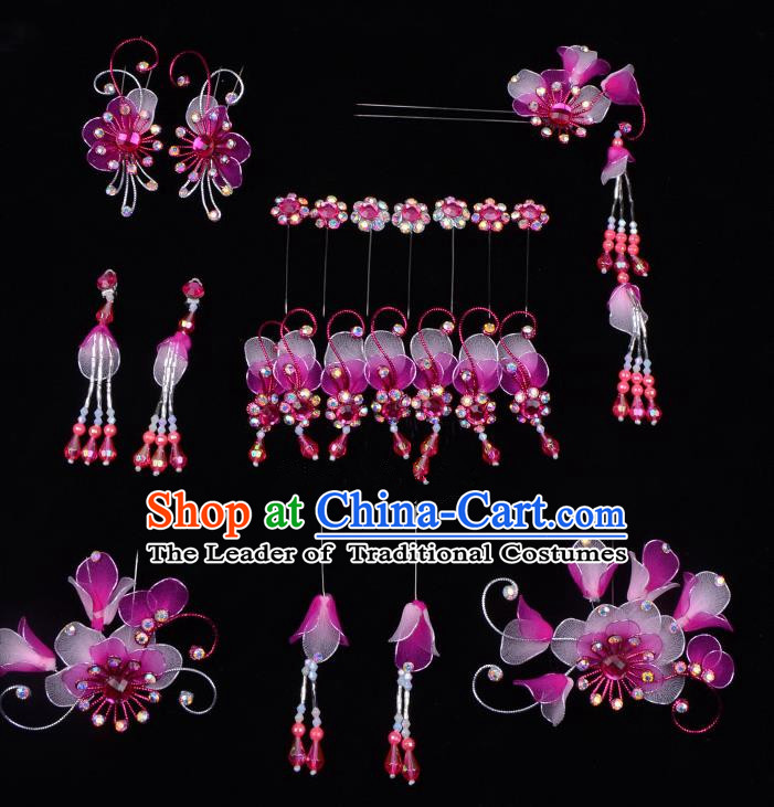 Top Grade Professional Beijing Opera Diva Purple Hair Accessories Complete Set, Traditional Ancient Chinese Peking Opera Tassel Step Shake Hua Tan Hairpins Headwear