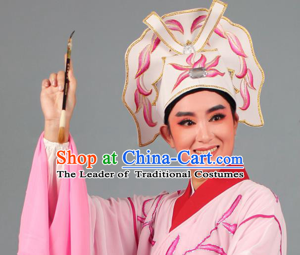 Top Grade Beijing Opera Niche Gifted Scholar Embroidered Pink Hat, Traditional Ancient Chinese Peking Opera Young Men Headwear