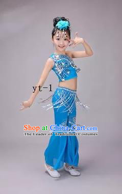 Traditional Chinese Dai Nationality Peacock Dance Costume, Children Folk Dance Ethnic Costume, Chinese Minority Nationality Dance Blue Dress for Kids