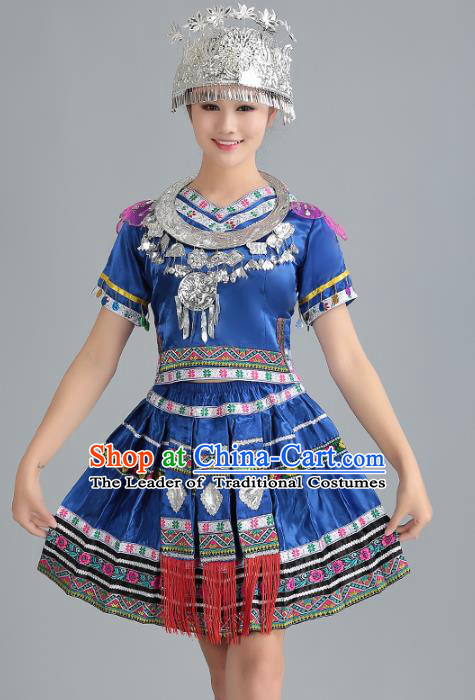 Traditional Chinese Miao Nationality Dance Costume, Hmong Female Folk Dance Ethnic Blue Pleated Skirt, Chinese Minority Nationality Embroidery Clothing for Women