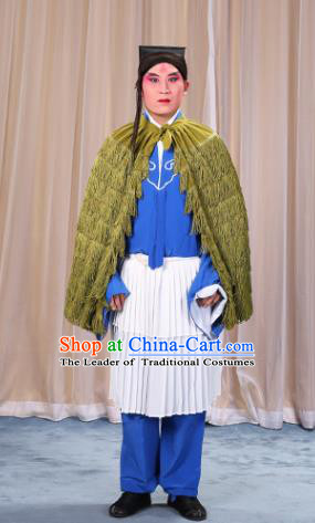 Traditional China Beijing Opera Master Keung Costume Green Straw Rain Cape, Ancient Chinese Peking Opera Wu-Sheng Coir Raincoat Clothing