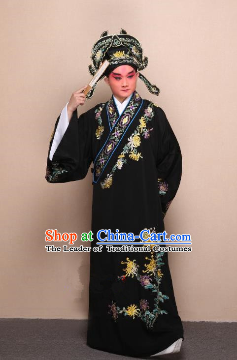 Top Grade Professional Beijing Opera Niche Costume Gifted Scholar Black Embroidered Chrysanthemum Robe, Traditional Ancient Chinese Peking Opera Embroidery Clothing