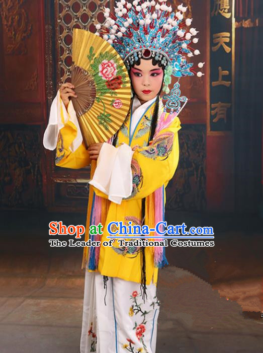 Top Grade Professional China Beijing Opera Costume Embroidered Yellow Cape and Phoenix Coronet, Ancient Chinese Peking Opera Diva Hua Tan Embroidery Clothing for Kids