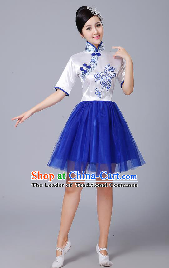 Traditional Chinese Classical Dance Cheongsam Costume, China Folk Dance Blue Veil Dress for Women