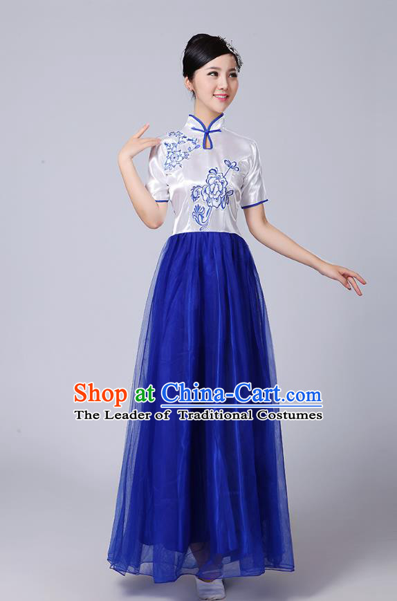 Traditional Chinese Classical Dance Cheongsam Costume, China Folk Dance Blue Veil Long Dress for Women