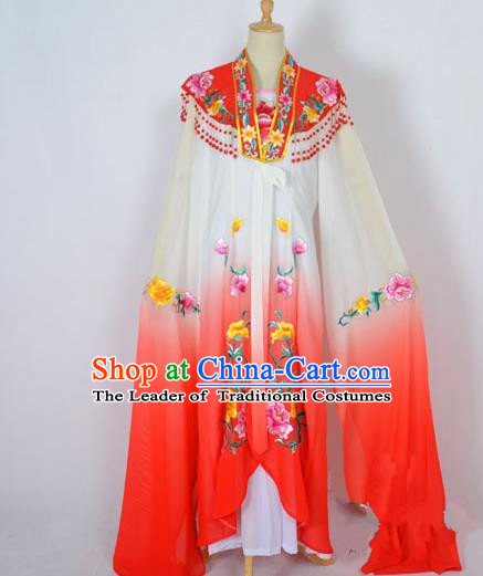 Traditional Chinese Professional Peking Opera Shaoxing Opera Costume Embroidery Red Cloud Shoulder Mantel, China Beijing Opera Female Diva Clothing Long Water Sleeve Shawl Dress