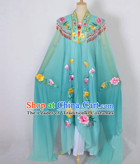 Traditional Chinese Professional Peking Opera Shaoxing Opera Costume Embroidery Green Cloud Shoulder Mantel, China Beijing Opera Female Diva Clothing Long Water Sleeve Shawl Dress