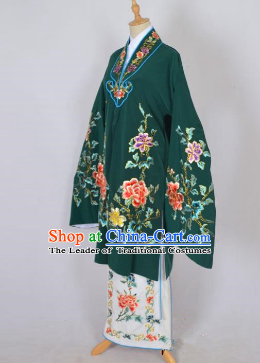 Traditional Chinese Professional Peking Opera Nobility Lady Costume Deep Green Mantel, China Beijing Opera Shaoxing Opera Embroidery Diva Hua Tan Dress Clothing