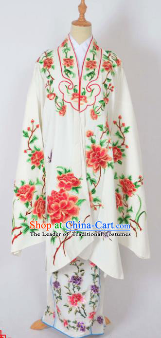 Traditional Chinese Professional Peking Opera Nobility Lady Costume Water Sleeve White Mantel, China Beijing Opera Shaoxing Opera Embroidery Peony Diva Hua Tan Dress Clothing