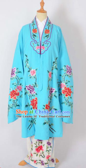 Traditional Chinese Professional Peking Opera Nobility Lady Costume Blue Mantel, China Beijing Opera Shaoxing Opera Embroidery Diva Hua Tan Dress Clothing