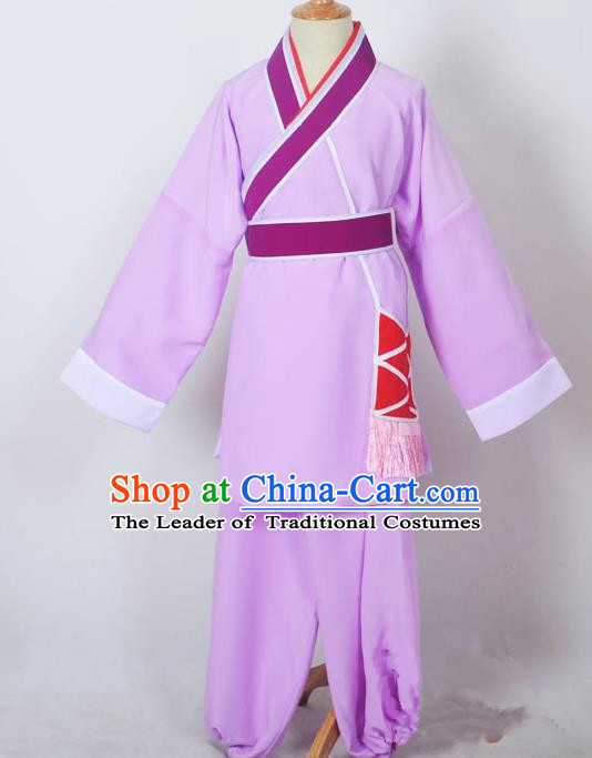 Traditional Chinese Professional Peking Opera Children Costume, China Beijing Opera Shaoxing Opera Village Kids Purple Uniform Livehand Clothing