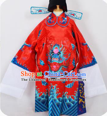 Traditional Chinese Professional Peking Opera Old Men Costume Red Embroidered Robe and Hat, China Beijing Opera Prime Minister Embroidery Robe Gwanbok Clothing