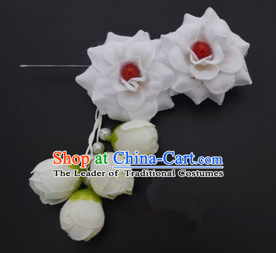 Traditional Handmade Chinese Classical Peking Opera Young Lady Hua Tan Hair Accessories White Temples Flowers, China Beijing Opera Diva Princess Headwear Tassel Hairpins