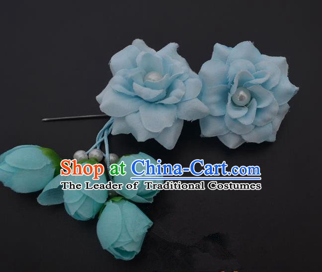 Traditional Handmade Chinese Classical Peking Opera Young Lady Hua Tan Hair Accessories Light Blue Temples Flowers, China Beijing Opera Diva Princess Headwear Tassel Hairpins