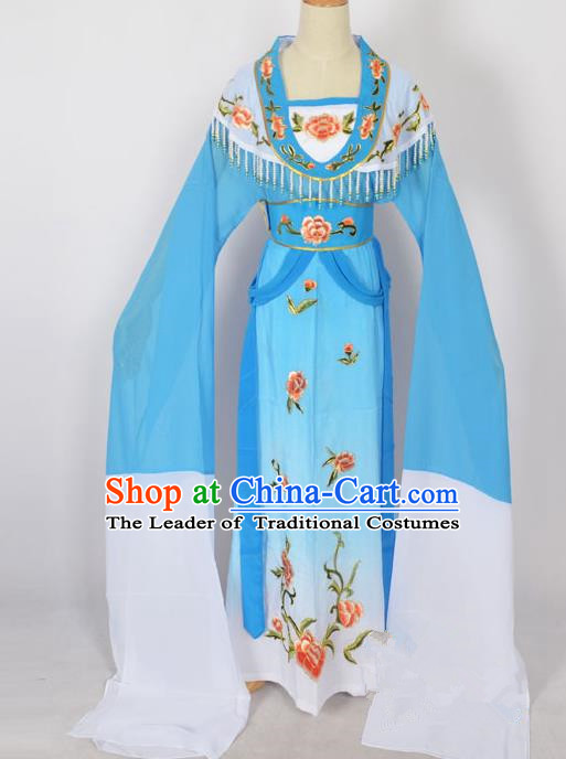 Traditional Chinese Professional Peking Opera Young Lady Princess Costume Blue Embroidery Dress, China Beijing Opera Diva Hua Tan Embroidered Clothing