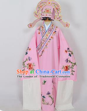 Traditional Chinese Professional Peking Opera Young Men Niche Costume Pink Embroidery Robe and Hat, China Beijing Opera Nobility Childe Scholar Embroidered Clothing