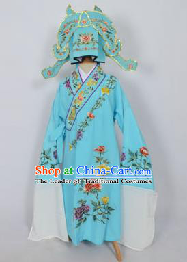 Traditional Chinese Professional Peking Opera Young Men Niche Costume Light Blue Embroidery Robe and Hat, China Beijing Opera Nobility Childe Scholar Embroidered Clothing