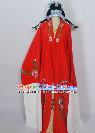 Traditional Chinese Professional Peking Opera Young Men Niche Costume Red Embroidery Robe and Hat, China Beijing Opera Nobility Childe Scholar Embroidered Clothing