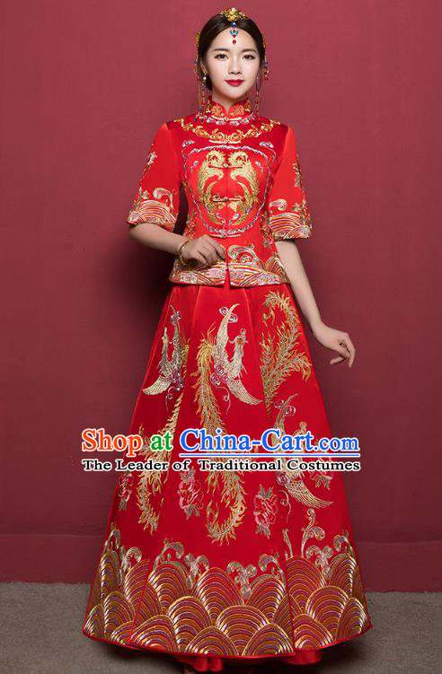 Traditional Ancient Chinese Wedding Costume Embroidery Middle Sleeve Xiuhe Suits, Chinese Style Wedding Dress Red Restoring Longfeng Dragon and Phoenix Flown Bride Toast Cheongsam for Women