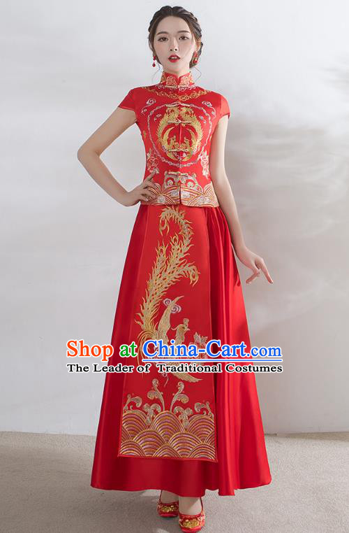 Traditional Ancient Chinese Wedding Costume Embroidery Short Sleeve Xiuhe Suits, Chinese Style Wedding Dress Red Restoring Longfeng Dragon and Phoenix Flown Bride Toast Cheongsam for Women