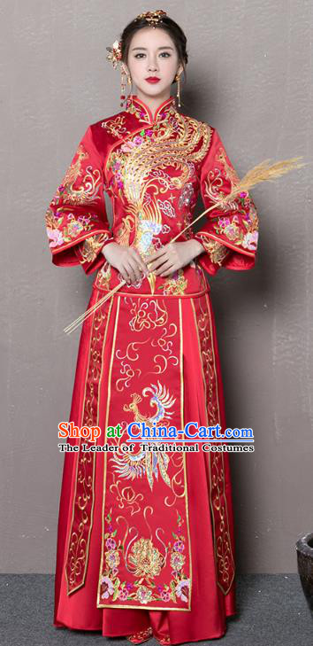 Traditional Ancient Chinese Wedding Costume Handmade Embroidery Peony Bottom Drawer Xiuhe Suits, Chinese Style Wedding Dress Red Embroidery Dragon and Phoenix Flown Bride Toast Cheongsam for Women