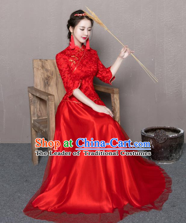 Traditional Ancient Chinese Wedding Costume Handmade Delicacy Embroidery Plated Buttons XiuHe Suits, Chinese Style Wedding Dress Flown Bride Toast Cheongsam for Women