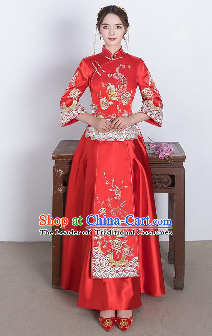 Traditional Ancient Chinese Wedding Costume Handmade Delicacy Embroidery Phoenix XiuHe Suits, Chinese Style Wedding Dress Flown Bride Toast Cheongsam for Women