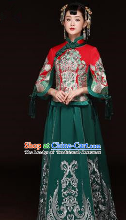 Traditional Ancient Chinese Wedding Costume Handmade Delicacy Embroidery Phoenix XiuHe Suits Green Dress, Chinese Style Hanfu Wedding Bride Toast Cheongsam for Women