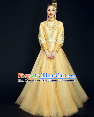 Traditional Ancient Chinese Wedding Costume Handmade Delicacy Embroidery Phoenix XiuHe Suits Yellow Plated Buttons Dress, Chinese Style Hanfu Wedding Bride Toast Cheongsam for Women