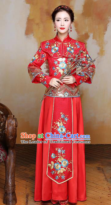 Traditional Ancient Chinese Wedding Costume Handmade Delicacy Embroidery Phoenix XiuHe Suits Slim Longfeng Dress, Chinese Style Hanfu Wedding Bride Toast Cheongsam for Women