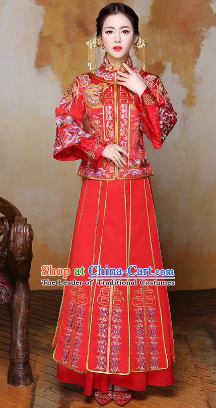 Traditional Ancient Chinese Wedding Costume Handmade Delicacy Full Embroidery Phoenix Peony Red XiuHe Suits, Chinese Style Hanfu Wedding Bride Toast Cheongsam for Women