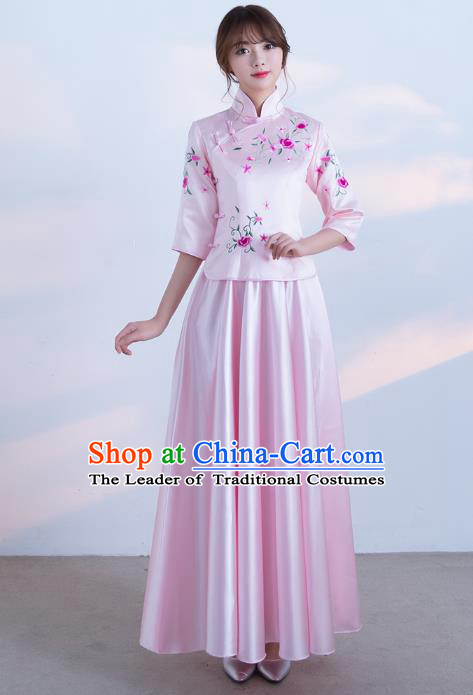 Traditional Ancient Chinese Wedding Costume Handmade Delicacy Embroidery Qipao Dress, Chinese Style Hanfu Wedding Toast Pink Cheongsam for Women