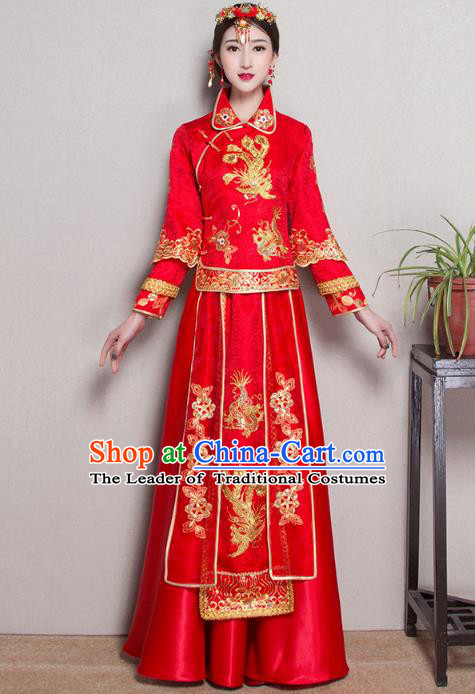 Traditional Ancient Chinese Wedding Costume Handmade XiuHe Suits Embroidery Phoenix Bride Toast Cheongsam Dress, Chinese Style Hanfu Wedding Clothing for Women