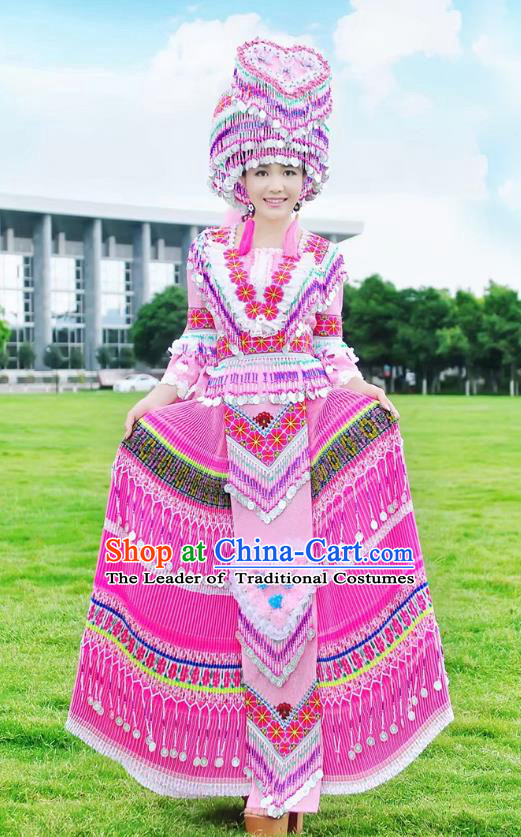 Traditional Chinese Miao Nationality Costume and Headwear, Hmong Folk Dance Ethnic Long Pink Tassel Pleated Skirt, Chinese Minority Nationality Embroidery Clothing for Women